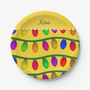 Personalised name yellow christmas lights paper plate