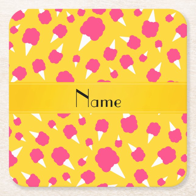 Personalised name yellow cotton candy square paper coaster (Front)