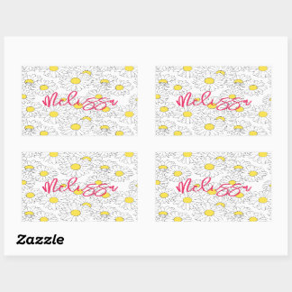 personalised name yellow daisy pattern modern rectangular sticker