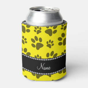 Personalised name yellow dog paw print can cooler