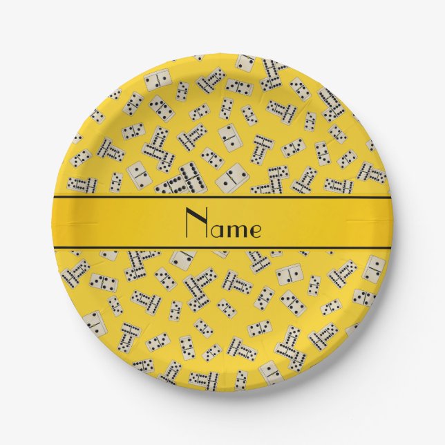 Personalised name yellow dominos paper plate (Front)