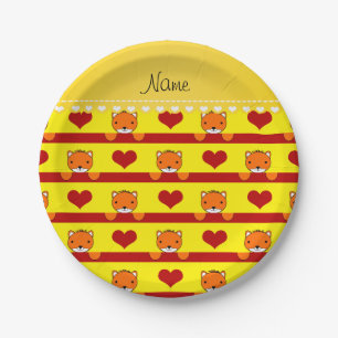 Personalised name yellow foxes red hearts stripes paper plate