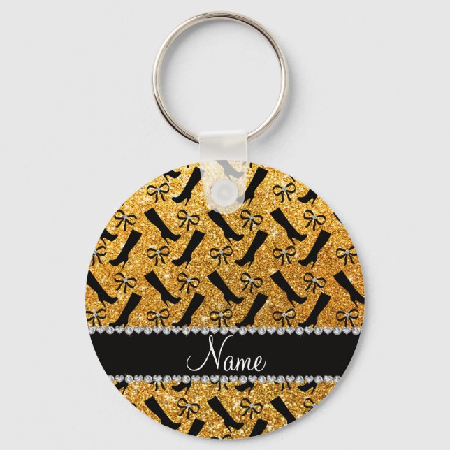 Personalised name yellow glitter boots bows key ring (Front)