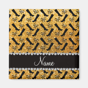 Personalised name yellow glitter boots bows magnet