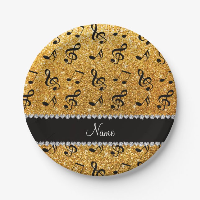 Personalised name yellow glitter music notes paper plate (Front)