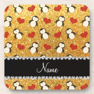 Personalised name yellow glitter penguins hearts coaster