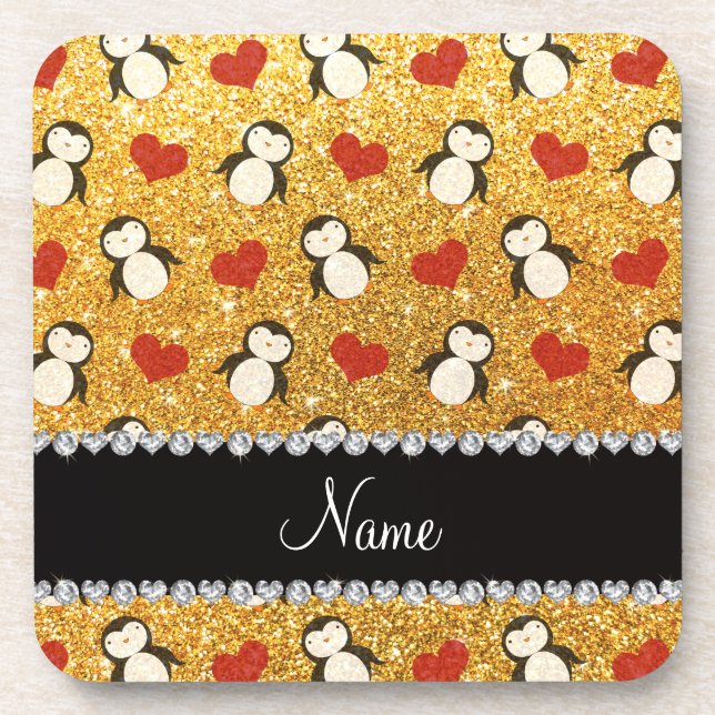 Personalised name yellow glitter penguins hearts coaster (Front)