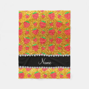 Personalised name yellow glitter strawberry fleece blanket
