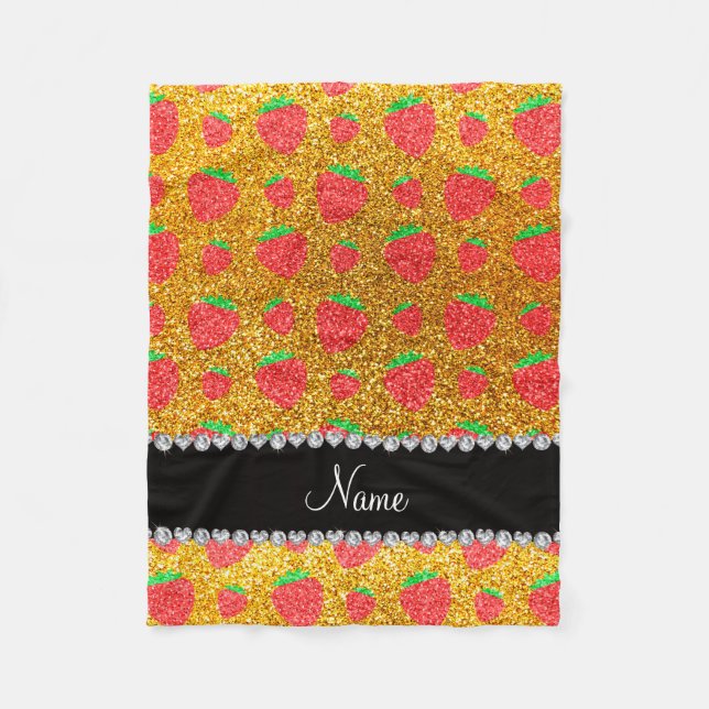 Personalised name yellow glitter strawberry fleece blanket (Front)