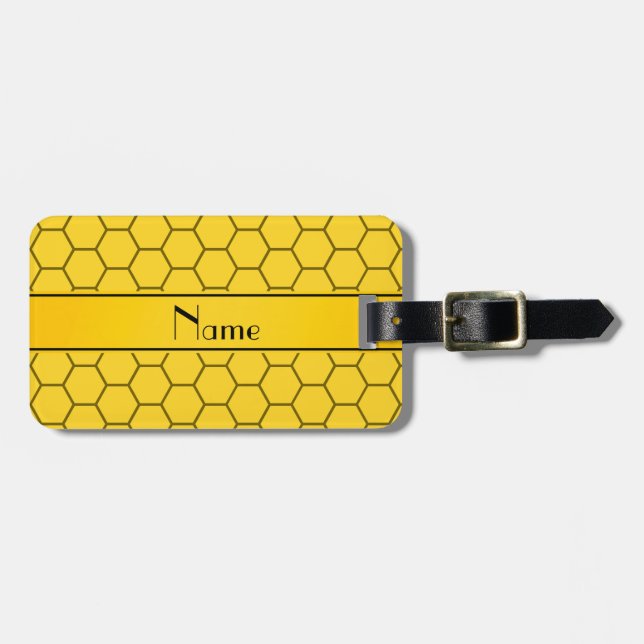 Personalised name yellow honeycomb luggage tag (Front Horizontal)
