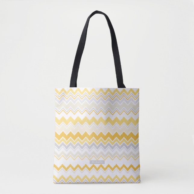 Personalised Name Yellow Ikat Chevron Pattern Tote Bag (Front)