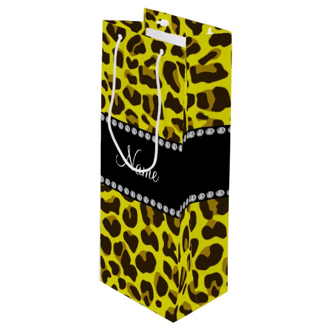 Personalised name yellow leopard pattern wine gift bag (Front Angled)