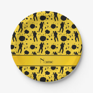Personalised name yellow paintball pattern paper plate