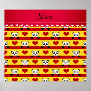Personalised name yellow panda red heart stripes poster