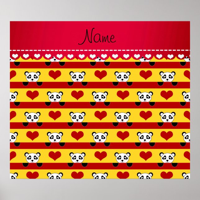 Personalised name yellow panda red heart stripes poster (Front)