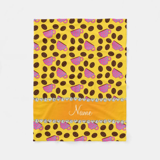 Personalised name yellow pink coffee cups beans fleece blanket (Front)