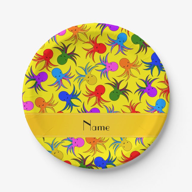 Personalised name yellow rainbow octopus paper plate (Front)