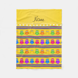 Personalised name yellow rainbow owls stripes fleece blanket