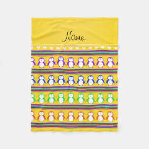 Personalised name yellow rainbow stripes penguins fleece blanket