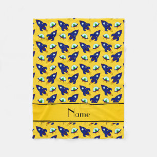 Personalised name yellow rocket alien ships fleece blanket