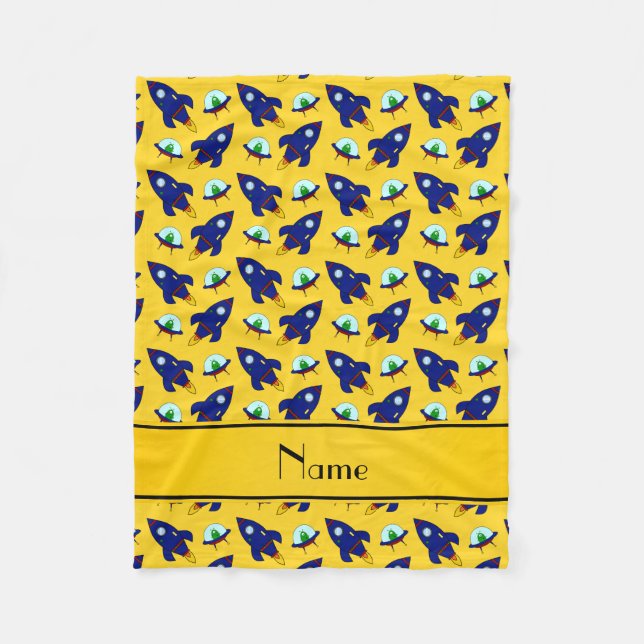 Personalised name yellow rocket alien ships fleece blanket (Front)
