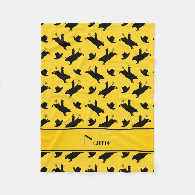Personalised name yellow rodeo bull riding pattern fleece blanket (Front)