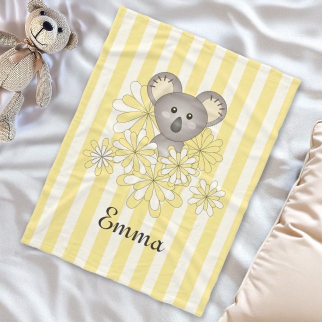 Personalised Name Yellow Stripe Baby Koala Kids Fleece Blanket (Creator Uploaded)