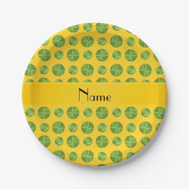 Personalised name yellow tennis balls pattern paper plate (Front)