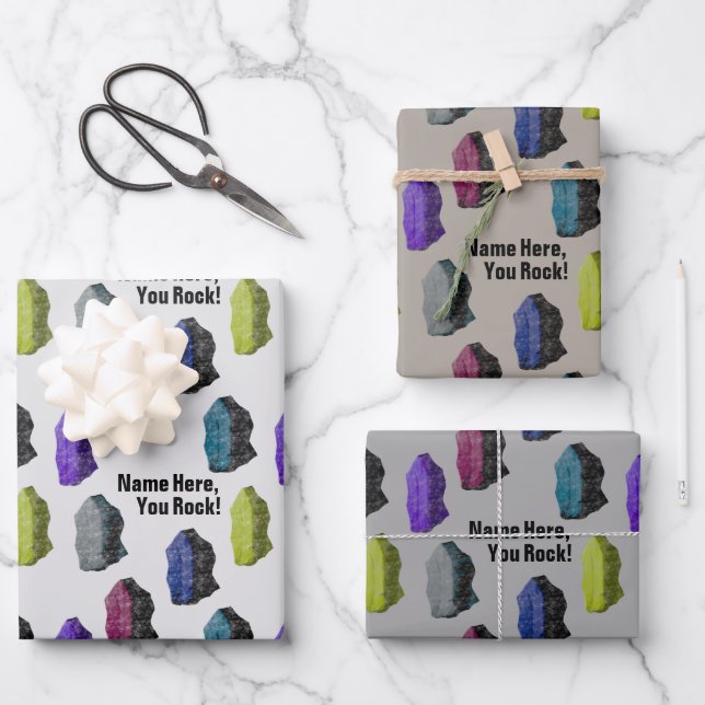Personalised Name "You Rock!" Colourful Gemstones Wrapping Paper Sheet (Front)