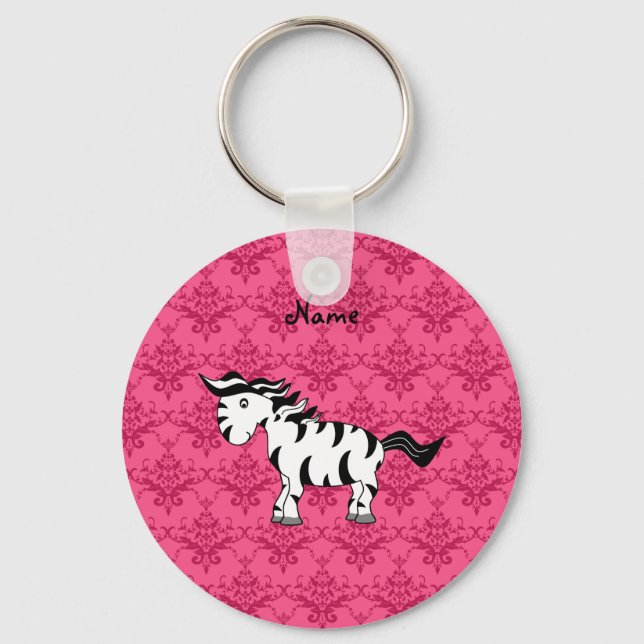 Personalised name zebra pink damask key ring (Front)