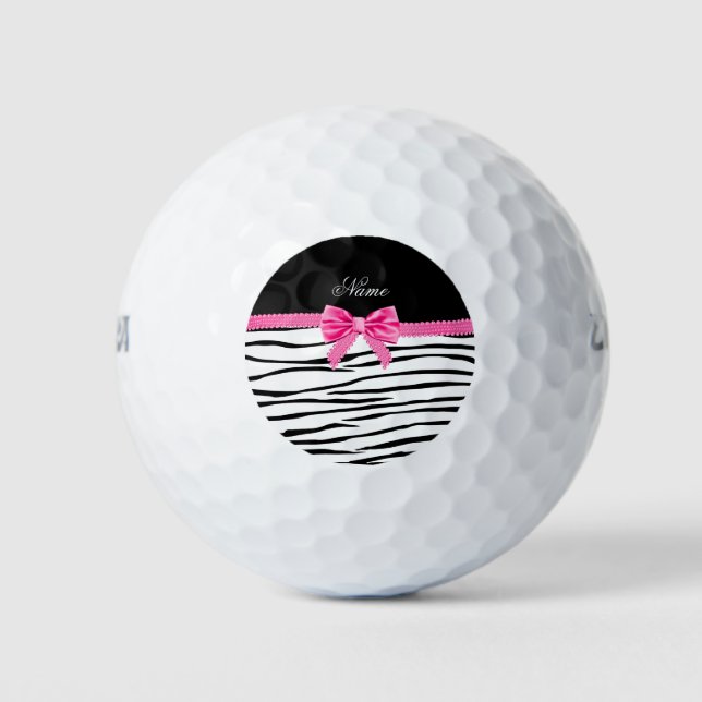 Personalised name zebra striped pink bow golf balls (Front)