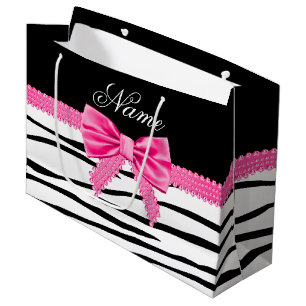 Personalised name zebra striped pink bow large gift bag