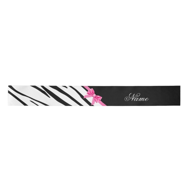 Personalised name zebra striped pink bow satin ribbon (Front)