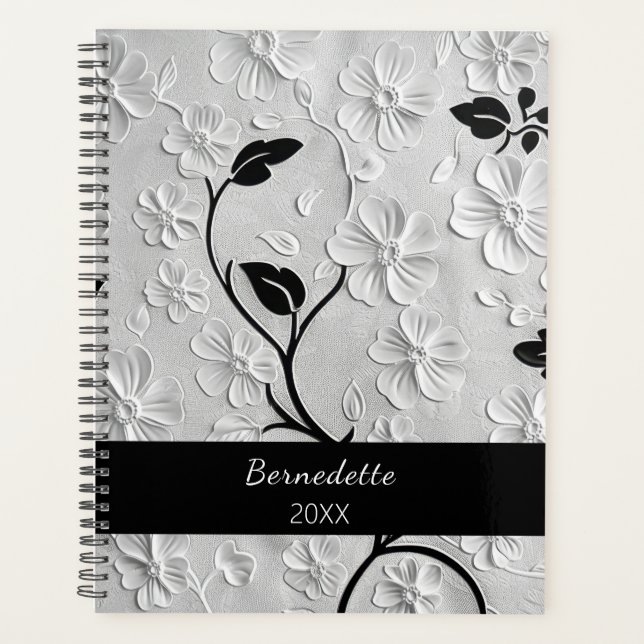 Personalised Named Abstract Black & White Florals Planner (Front)
