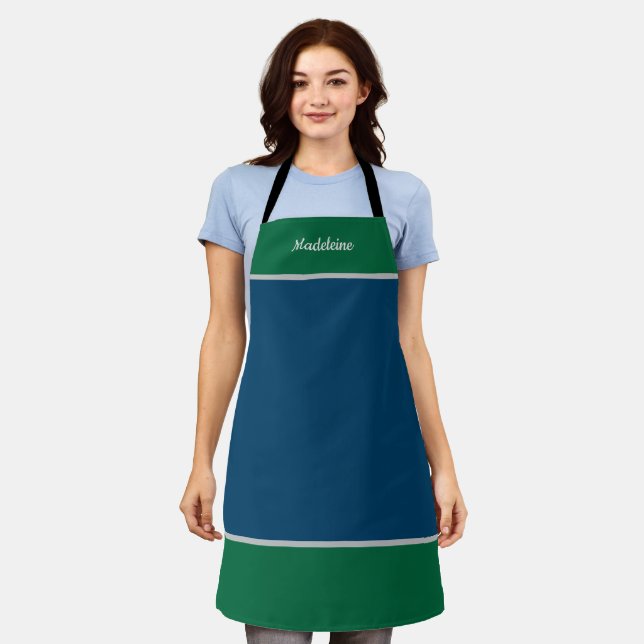 Personalised Named Blue & Green Apron (Worn)