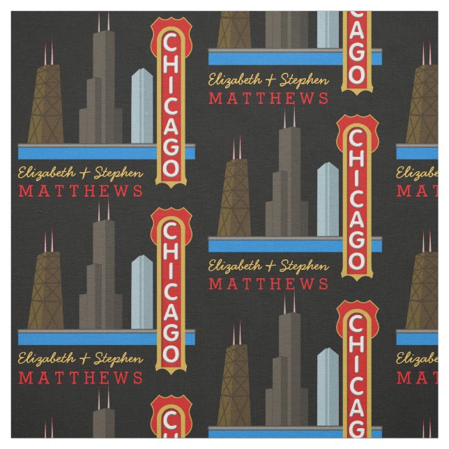 Personalised Names Chicago Illinois Skyline Fabric (Swatch)