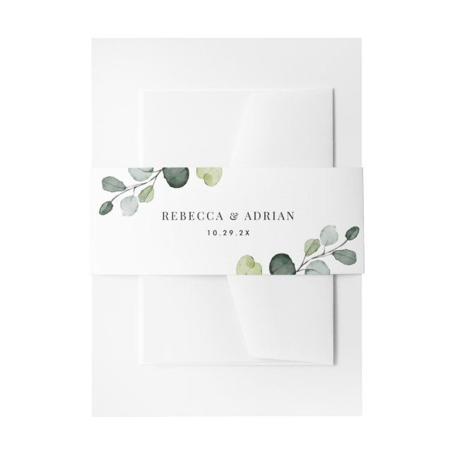Personalised Names Eucalyptus Greenery Wedding Invitation Belly Band (Front Example)
