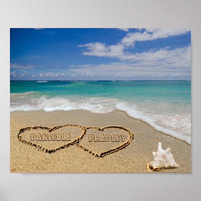 Personalised Names Hearts In Sand Picture Poster (Front)