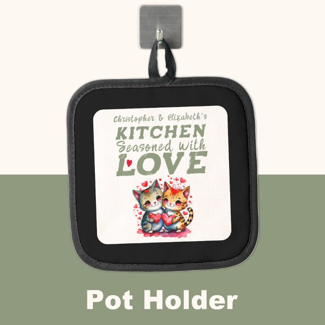 Personalised names kitchen cute cats green pot holder (Creator Uploaded)