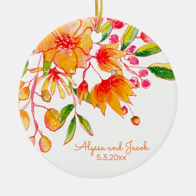 Personalised Names Orange Floral Wedding Date Ceramic Ornament (Front)