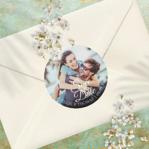 Personalised Names Photo Script Save the Date Classic Round Sticker