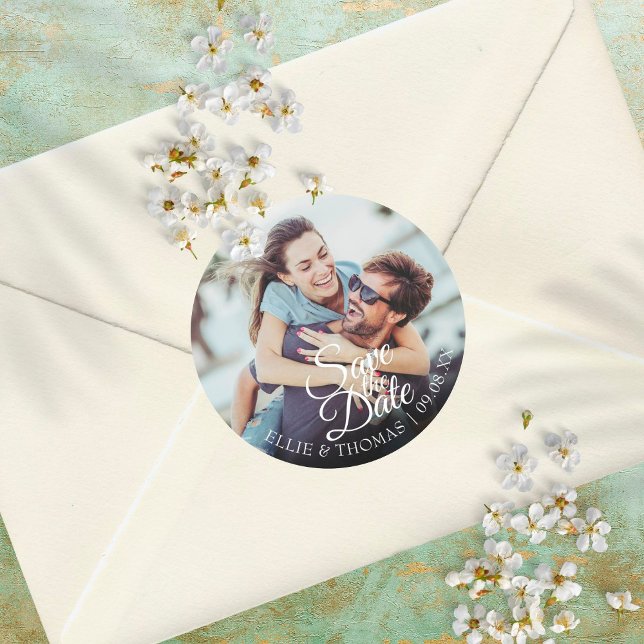 Personalised Names Photo Script Save the Date Classic Round Sticker (Creator Uploaded)