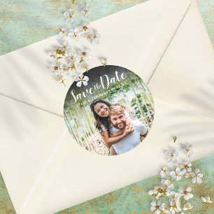 Personalised Names Photo Script Save the Date Classic Round Sticker