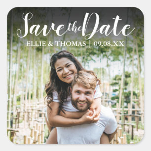 Personalised Names Photo Script Save the Date Square Sticker