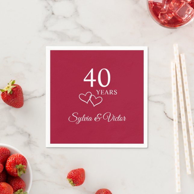 Personalised Names Red Ruby 40th Anniversary Party Napkin (Insitu)
