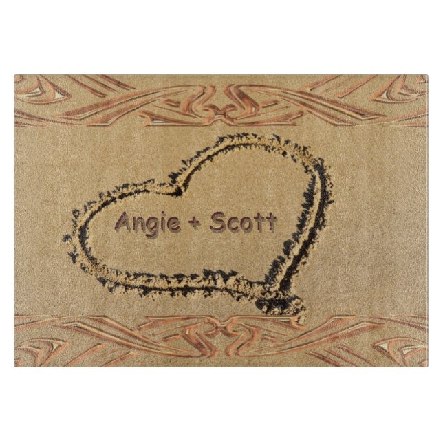 Personalised Names Romantic Heart on Beach Sand Cutting Board (Front)