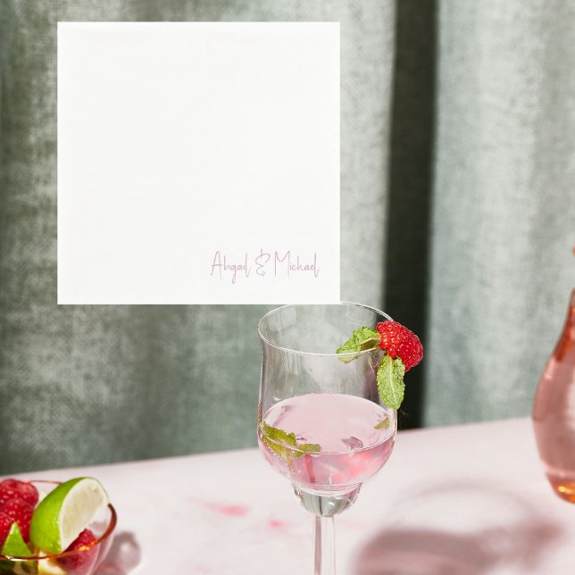 Personalised Names White & Pink Wedding Cocktail Napkin (Creator Uploaded)