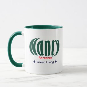 Personalised "Nancy" Name Art, Green Forester Job Mug