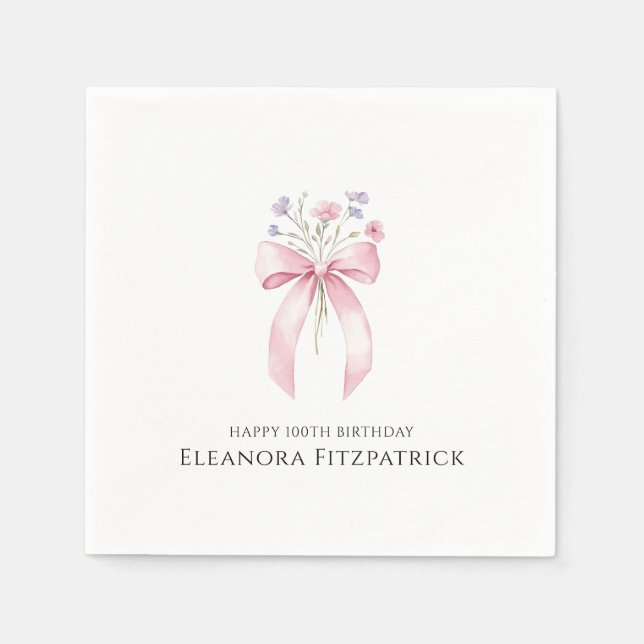 Personalised Napkins 100th Birthday Bow Wildflower (Front)