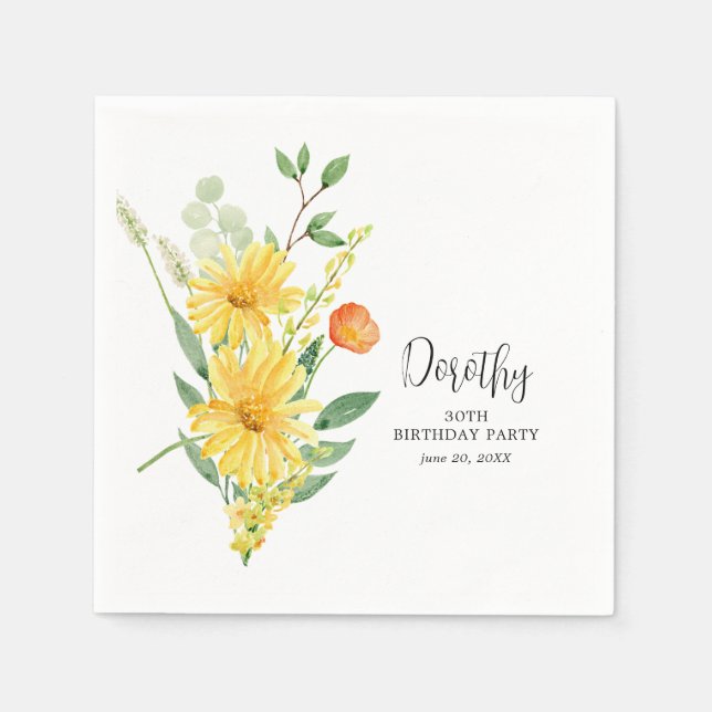 Personalised Napkins 30th Birthday Yellow Floral (Front)
